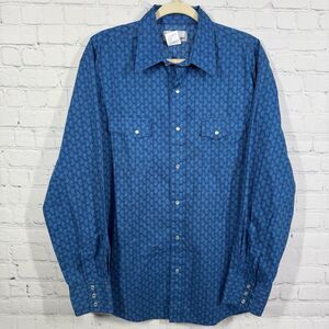 Wrangler Wrancher Shirt Men Large Blue Long Sleeve Snap Button Western Rodeo Top